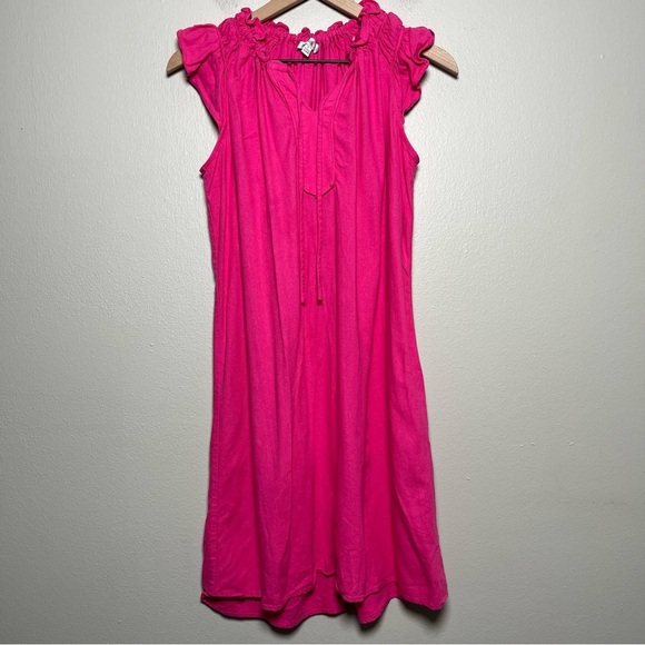 Robbie Bee Women Linen Dress Large Hot Pink Shift Split Neck Coastal Preppy - Picture 2 of 10